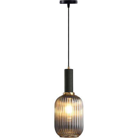 Suspension Moderne en Verre Strié Gris - Luminaire Suspendu E27 pour Îlot de Cuisine, Salle à Manger, Chambre (13 cm)
