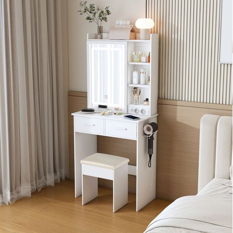 Coiffeuse avec LED, 2 tiroirs et étagères ouvertes, blanche, pour petite chambre (1/5)