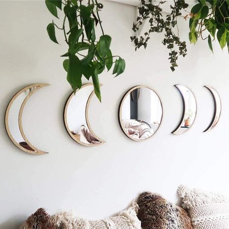 5 pcs Naturel Décor Acrylique Moonphase Miroirs Intérieur de Maison en Bois Design Moon Phase Miroir Bohème décoration Murale (1/5)