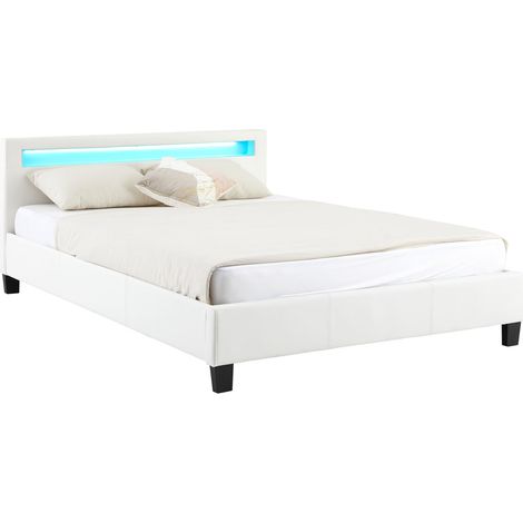 Idimex – Lit double Pinot blanc 140x190 cm – Tête de lit rembourrée avec éclairage LED – Structure robuste avec sommier à lattes inclus (1/4)