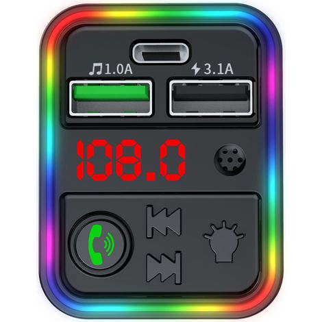 Bluetooth FM MP3 transmitter for cars, Bluetooth player, seven-color ambient lighting, QC3.0 PD fast charging version. (1/4)