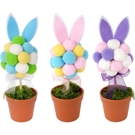 Lapin De Pâques - Décor En Pompon Pour Pot De Fleurs - Centre De Table Printemps - Décoration Intérieure Bureau Fête - Lot De 1 (1/5)