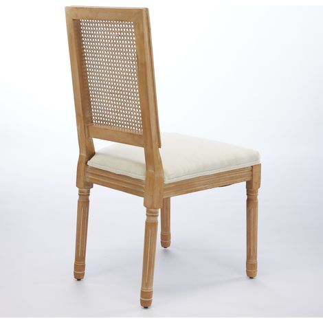 Lot de 2 chaises de salle à manger style ferme, cadre en bois massif vieilli, dossier carré en rotin tissé, assise en lin respirant avec coussin mousse et ressorts acier, chaises vintage d'appoint DE1 (1/5)