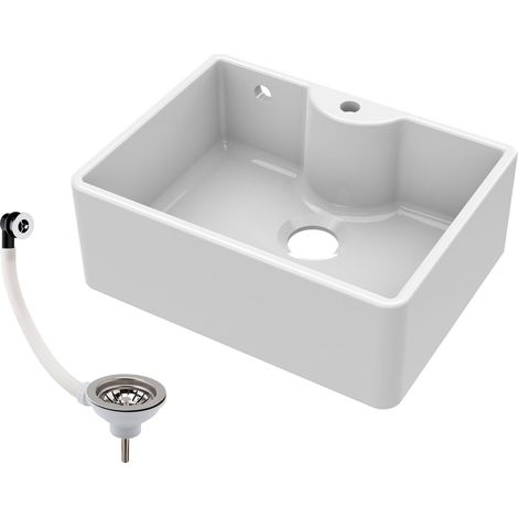 595mm - 1 Bowl Fireclay Butler Kitchen Sink - Tap Ledge, Hole, Overflow & Waste (1/5)