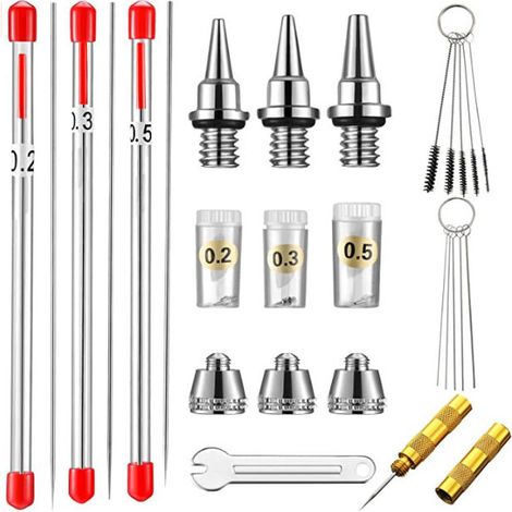Bouchon de buse, aiguille et buse pour aérographe, 0,2 mm, 0,3 mm, 0,5 mm, Pièces de rechange pour aérographe,avec kit de nettoyage (1/5)