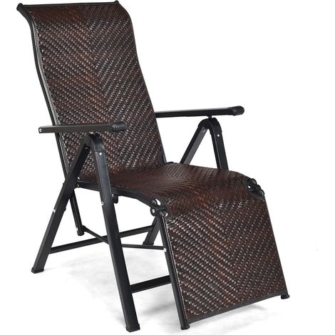 COSTWAY Sedia per il tempo libero da esterno, sedia pieghevole in rattan PE con schienale e molle regolabili, sdraio in metallo per patio, accanto alla piscina, balcone, marrone (1/5)