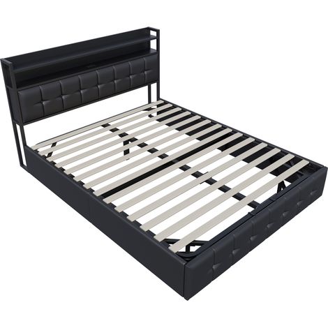 Letto matrimoniale imbottito in PU nero 160 x 200 cm con testiera con luci e presa MODENUIT (1/5)