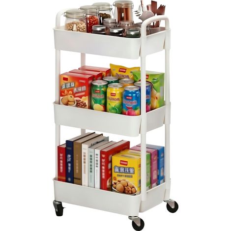 3-stöckiger Rollwagen aus weißem Kunststoff  Multifunktionaler Aufbewahrungswagen für Büro, Wohnzimmer, Küche, Bad, mobiler Organizer, platzsparend, einfach zu montieren (1/5)