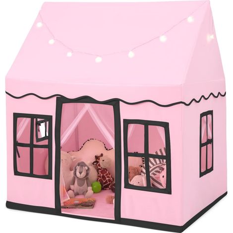 COSTWAY Tienda campaña Infantil, Casa de Actividad para Niños con Luces de Estrellas, Alfombra Lavable Antideslizante, Cortina de Malla para Interior y Exterior, Tipi Infantil de Más de 3 Años (Rosa)