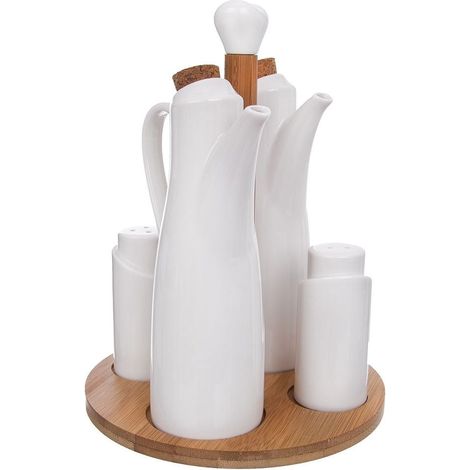 Salero, pimentero, botellas de aceite y vinagre, porcelana, con soporte, WHITELINE, 5 piezas. (1/5)