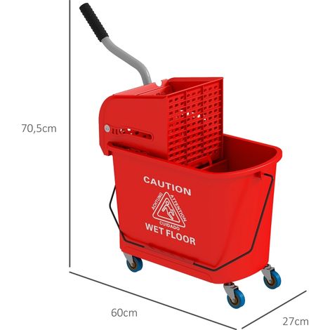 Seau de nettoyage 20 litres avec presse-serpillère intégré, poignée ergonomique, équipé de roulettes pivotantes, plastique robuste couleur rouge pour ménage efficace. (1/5)