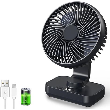 Ventilateur de table USB avec oscillation automatique, batterie 4500 mAh rechargeable, silencieux, 4 vitesses, écran numérique, charge rapide, portable pour maison, bureau, chambre, extérieur (Noir)