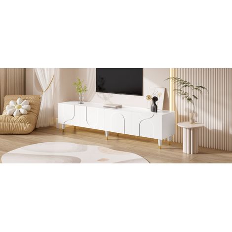 Meuble TV bas asymétrique à arche, quatre portes, nombreux rangements, pieds en bois massif, salon (1/5)