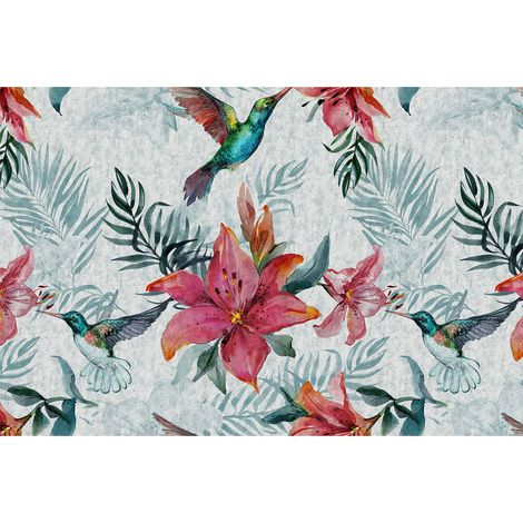 Papier peint panoramique tropical aquarelle pour salle de bain | Tapisserie panoramique exotique couloir | Papier peint panoramique oiseaux pour salon - 267 x 400 cm (4 pièces) (1/2)