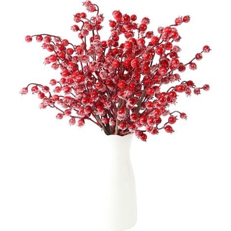 Tiges de baies rouges givrées, lot de 6, 43 cm de long, artificielles, effet neige, pour décorer votre sapin de Noël, vos compositions florales et vos vases. (1/5)
