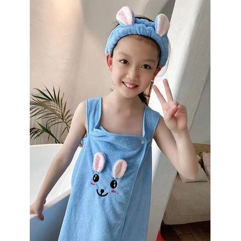 (Bleu ciel M) Serviette de bain absorbante pour enfants, avec jupe et bandeau, en tissu mélangé coton-polyester, rectangulaire. (1/4)