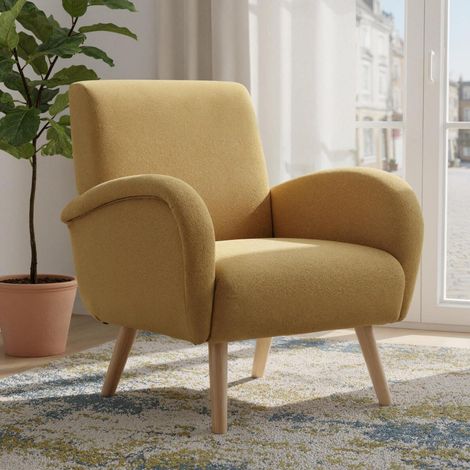 Loungesessel aus Chenille mit Holzbeinen, Gelb (1/5)