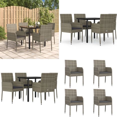 5-tlg. Garten-Essgruppe mit Kissen Schwarz und Grau Poly Rattan - Gartenessgruppe - Rattanmöbel (1/5)
