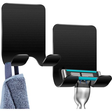 Support de Rasoir Douche 2 Pièces - Crochet Autocollant en Acier Inoxydable, Porte-Serviette Sans Percer pour Salle de Bain et Cuisine, Noir (1/5)
