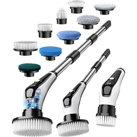 Brosse Rotative Nettoyage avec 9 têtes Manche Extensible 2 Vitesses, Batterie 3000mAh Brosse Nettoyage Electrique étanche IPX8 pour Salle de Bain, Cuisine et Voiture (1/5)