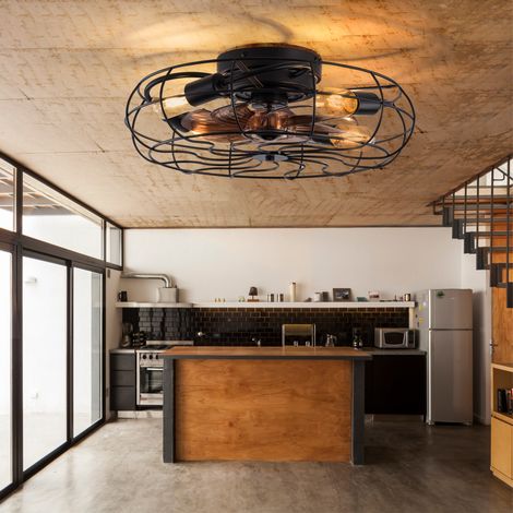 Ventilateur de plafond cage 50x50x17 cm en métal noir avec lumière, pour petite pièce – MEUBLIV (1/5)