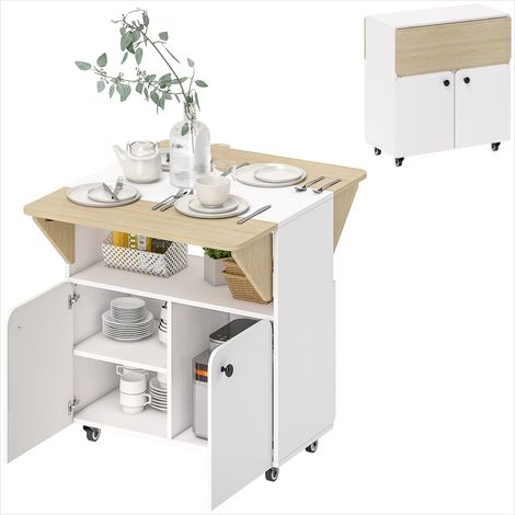 Table gain de place extensible 4 personnes, panneaux de particules blanc, 3 configurations, roulettes et rangements intégrés, 70x83x75 cm (1/5)