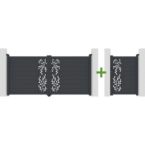 Portail battant 3m FOLYA H.140cm + Portillon 1m FOLYA H.140cm aluminium gris