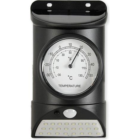 Lampe LED solaire 28 LEDs 100 lm avec détecteur de mouvement 3-5 m 100° - Thermomètre - Eclairage extérieur jardin, terrasse, entrée (1/5)