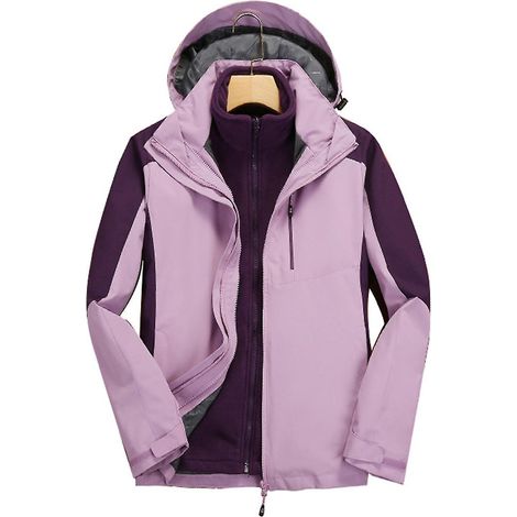 3-in-1-Bergsteigeranzug für Damen und Herren, wasserdichte und winddichte Jacke mit abnehmbarer Kapuze, Winter – Größe L – Damen, Lila
