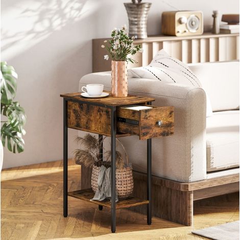Tisch aus Holz in Rustikalbraun mit Metallbeinen, 25 cm, mit Schublade und offenem Fach (1/5)
