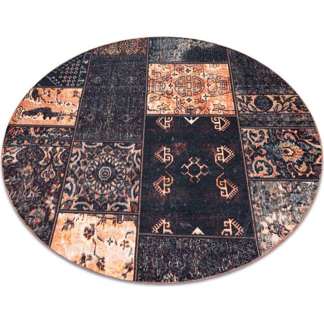 ANTIKA ancient chocolate Teppich Kreis, modernes Patchwork, griechisch waschbar - schwarz / Terrakotta black rund 160 cm
