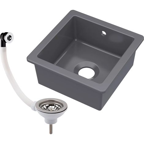 Balterley Dark Grey Fireclay Ceramic Single Bowl Square Undermount Kitchen Sink with Overflow and Chrome Strainer Waste, 457mm (1/3)