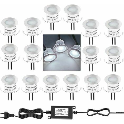 Un ensemble de 16 mini spots LED encastrés d'extérieur, étanches IP67, blanc lumière du jour 4500K, 32 mm, 0,6 W DC12V, adaptés aux allées, patios, cabanes, piscines et escaliers