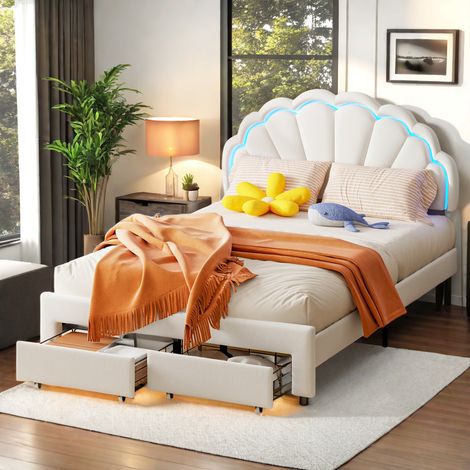 Sureh – Lit double enfant 140x200 cm – Cadre en bois massif blanc – Sommier à lattes inclus – Espace de rangement sous le lit 24 cm (1/5)