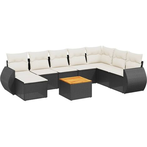 Salon de jardin 9 pcs avec coussins noir résine tressée (1/3)