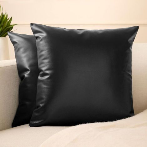 Faux Leather Cushion Covers 40x40 cm Set of 2  Decorative Pillowcases Modern Farmhouse Style without Inserts for Living Room, Bedroom, Sofa - Black