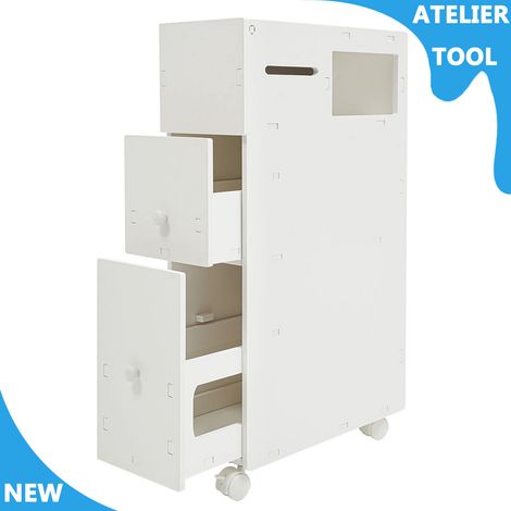 ATELIER Cabinet de salle de bain blanc de salle de bain étroite étagère roulant conteneur avec 4 roues universelles (1/5)