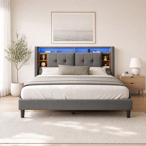 Cama tapizada doble con almacenaje, LED, USB y enchufes, 160 x 200 cm, gris, OKWISH (1/5)