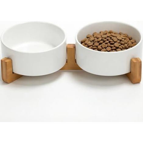 Gamelles en céramique pour chiens, lot de 2, 400 ml chacune, station d'alimentation antidérapante avec support en bambou, ensemble de gamelles pour nourriture et eau pour chats et petits chiens (blanc