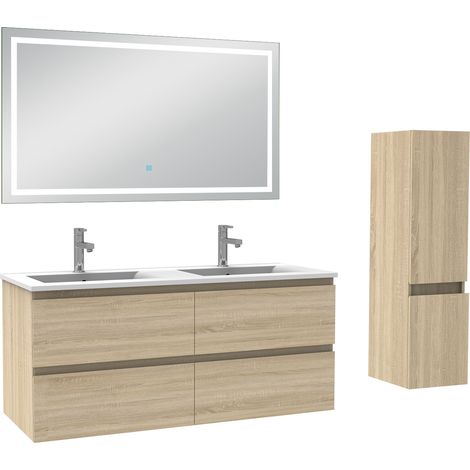 Ocean Ensemble meuble salle de Bain 120cm double vasque avec colonne et miroir 3 couleurs Chêne Wotan