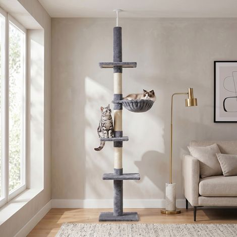 Arbre à chat extensible sol-plafond 230-260cm Sisal Gris avec Hamaca et Plateformes Confortables pour Félins de Moins de 5kg (1/5)