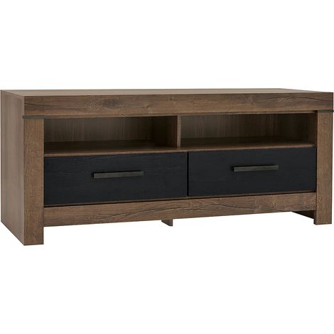 Meuble TV avec 2 tiroirs et une étagère, coloris Chêne marron foncé/Chêne noir - Longueur 140 x Profondeur 45 x Hauteur 61 cm (1/5)