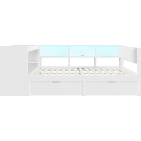 Plattformbett 140x200 cm Weiß mit Stauraum, Schubladen, Ladestation und gepolstertem Kopfteil (1/5)