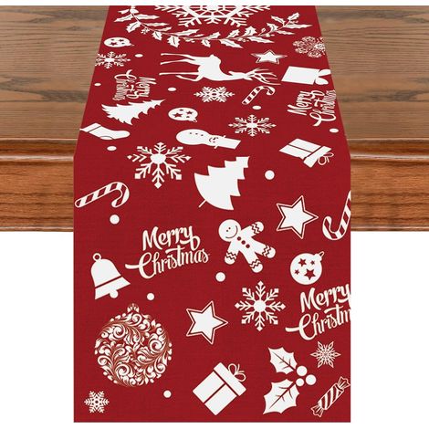 Roter Weihnachtstischläufer, 33 x 180 cm, Weihnachtskranz mit Schneeflockenmuster, Winterdekoration für Küche, drinnen oder draußen