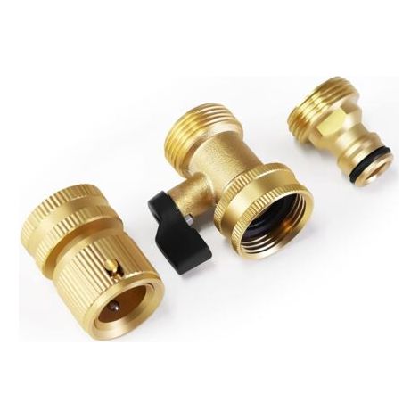 Raccord de Tuyau en Laiton 3/4" connecteur de Robinet à Filetage mâle et connecteur Rapide à Filetage Femelle et Robinet à tournant sphérique Droit en Une étape (3 pièces) (1/5)
