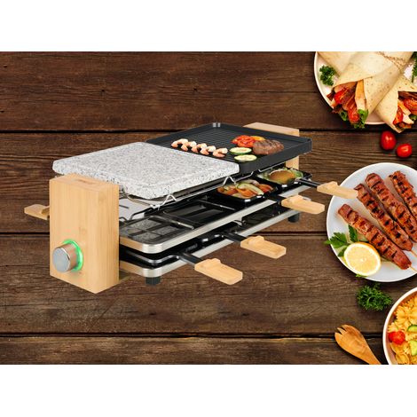Bambus Raclette 8 Pers. Ablage für Pfännchen, Steinplatte, 2 x 21x23cm 1300Watt