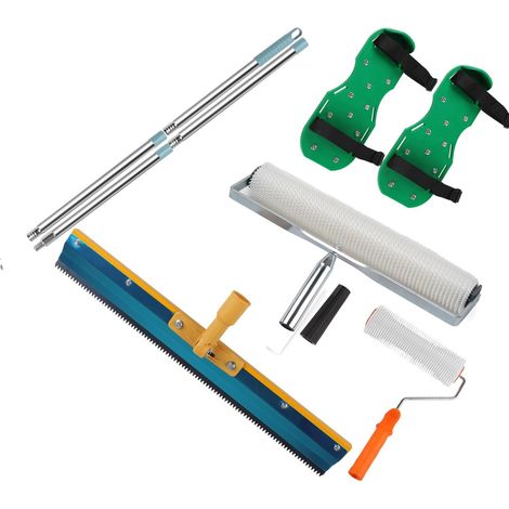 Kit D'outils de Ciment Autonivelant avec Raclette Dentée, Manche Télescopique, Rouleau Debulleur 50 cm, Rouleau à Pointes 23CM, Chaussure a Pointe Ragreage 30MM Gants Niveler le Sol Composé (1/5)