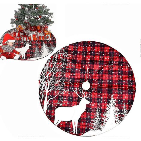Falda para árbol de Navidad de 122 cm (48 pulgadas) con estampado de cuadros rojos y negros, manta navideña con estampado de copos de nieve y alces. Decoración navideña. (1/5)