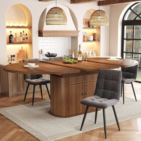 Mesa de comedor extensible - 118-158 x 118 x 76.5 cm - con almacenamiento integrado ahorra espacio para 4-6 personas - estilo moderno - MDF - marrón oscuro (1/5)