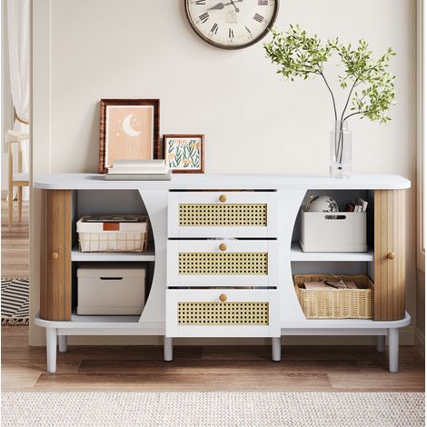 Sideboard 140,5x40x76 cm Weiß aus MDF und Spanplatte mit Rattan-Schubladen und verstellbaren Einlegeböden (1/5)
